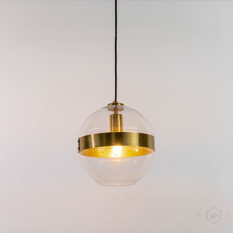 Glass Globe Gold Metal Hanging Pendant Light Light On White Background