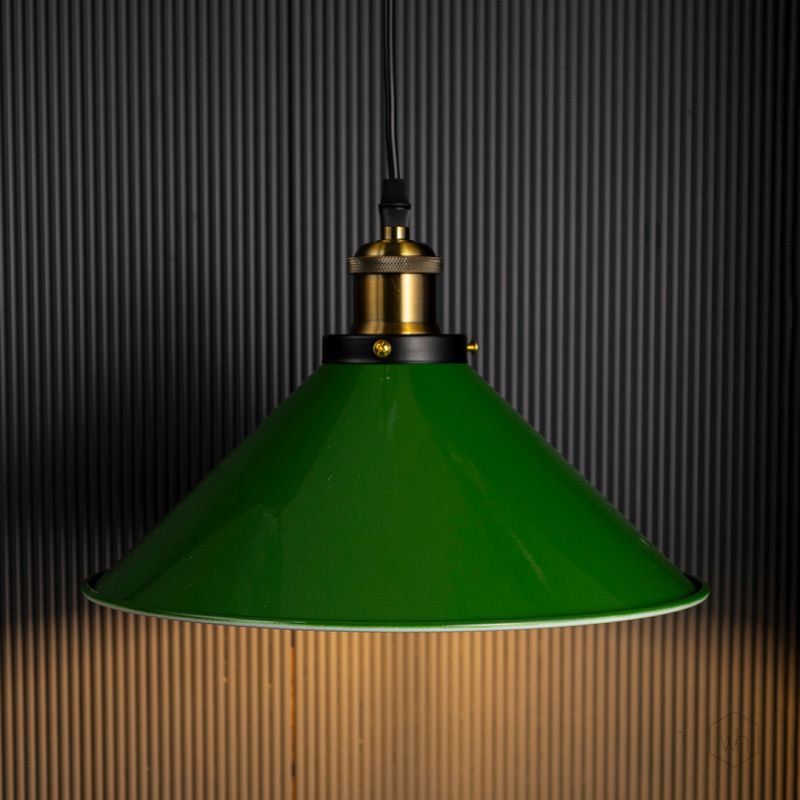 Industrial Green Enamel Pendant Light Light On Black Background