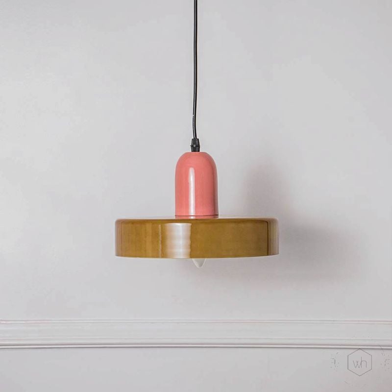 Italian Retro Pendant Light - Green & Pink Light Off White Background