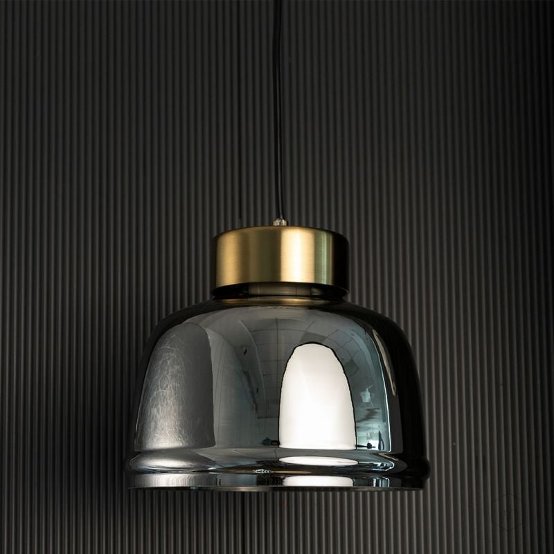 Sleek Dome Brass   Smoky Pendant Light Light Off Black Background