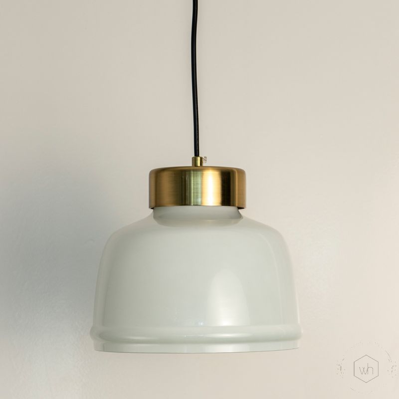 Sleek Dome Brass   Milk White Pendant Light Light Off White Background