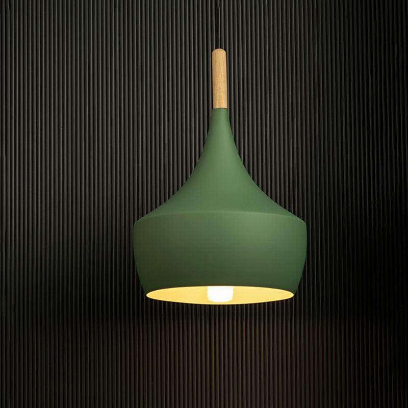 Wood Tip Pendant Lamp Dome   Green Light On Black Background