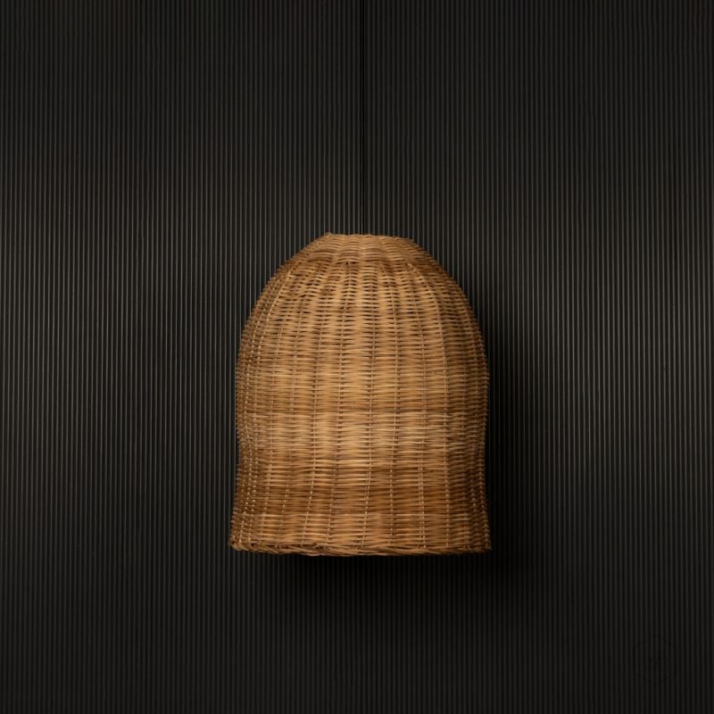 Natural Bamboo Bell Pendant Lamp Light Off Black Background