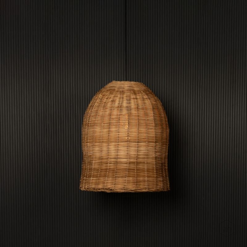 Natural Bamboo Bell Pendant Lamp Light On Black Background