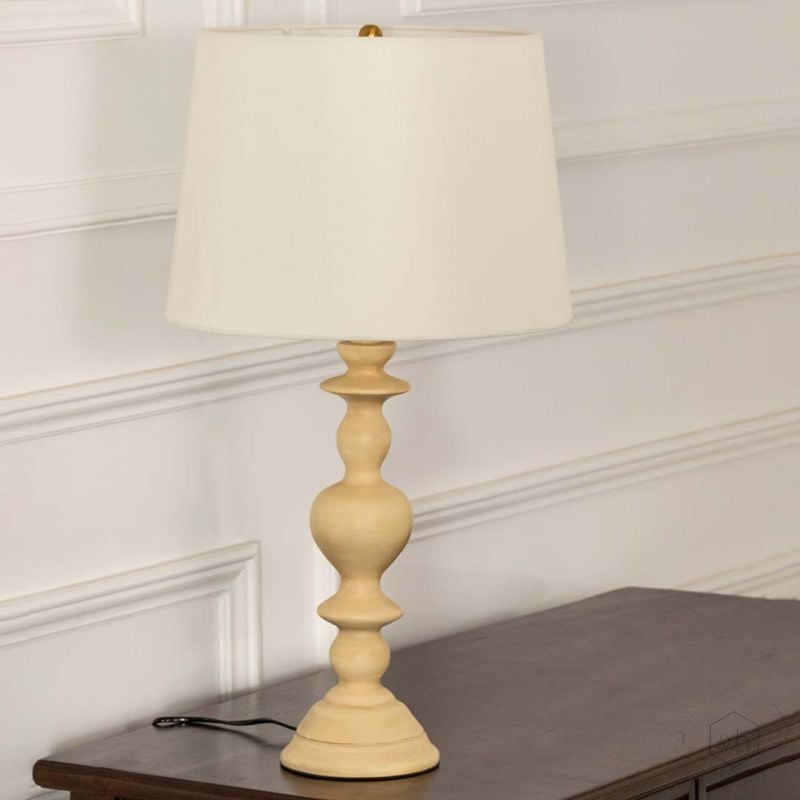 Hornsey Wooden Table Lamp with White Shade Light Off White Background