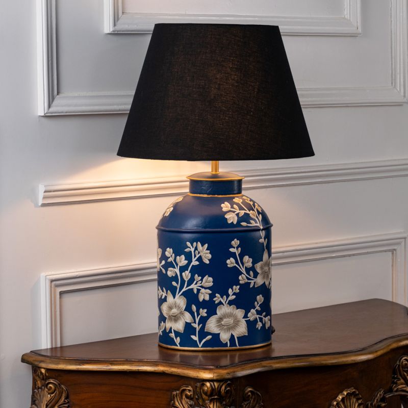 Taraz Paisley Metal Table Lamp with Black Linen Lamp shade Light On White Background