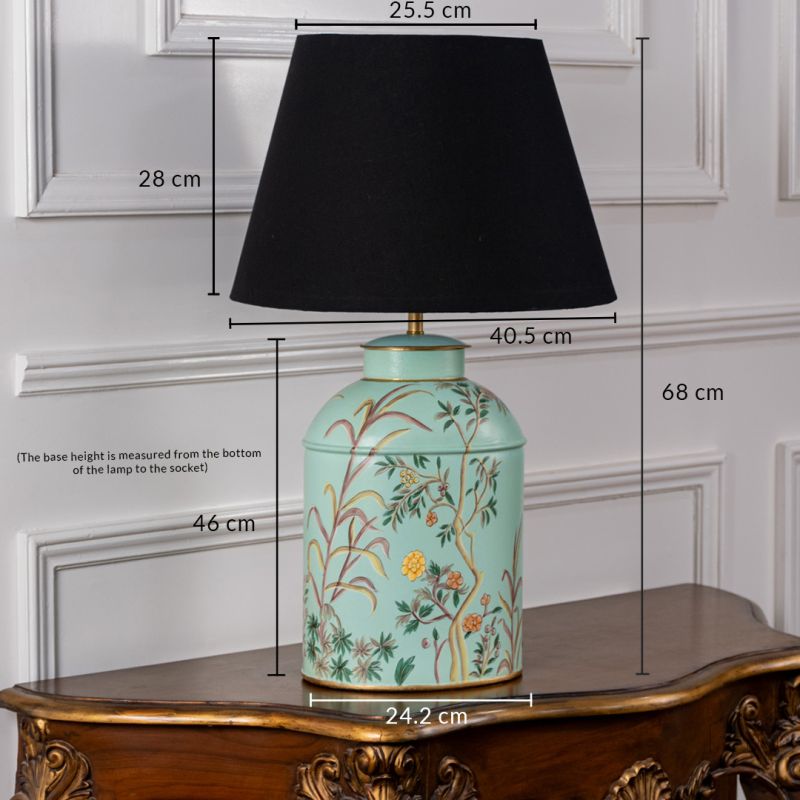 Tropical Garden Sky Blue Metal Table Lamp with Black Linen Lamp shade Dimensions