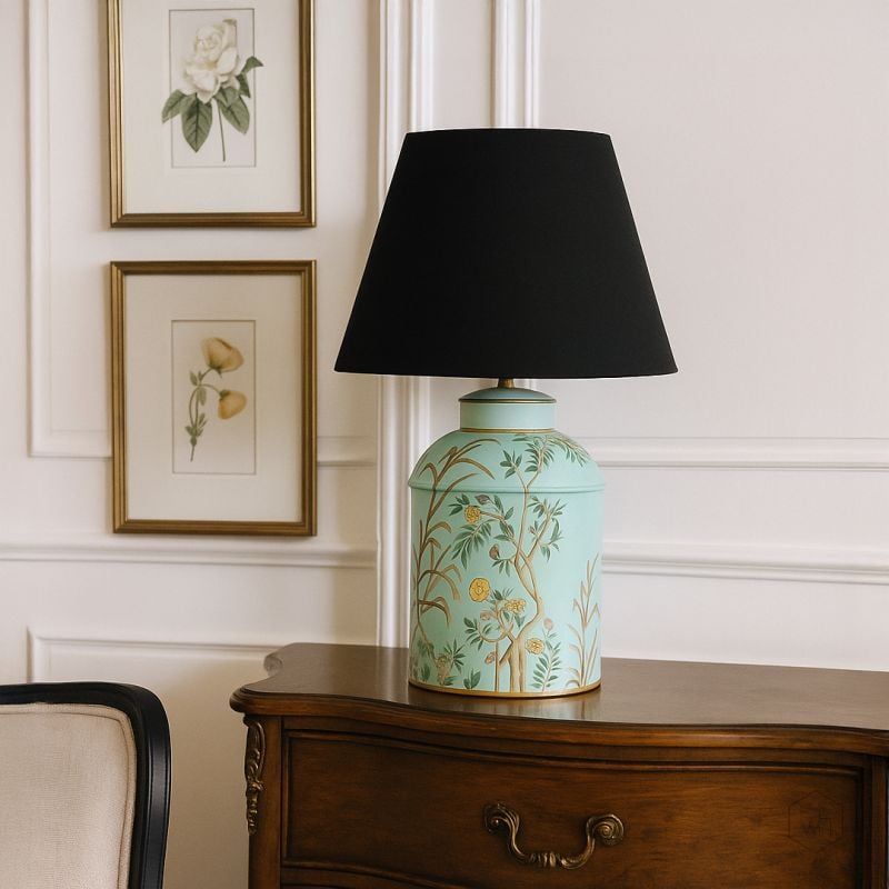 tropical garden sky blue metal table lamp with black linen lamp shade main lifestyle