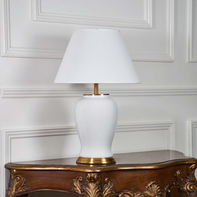 Shiny White Ceramic Table Lamp Light Off White Background