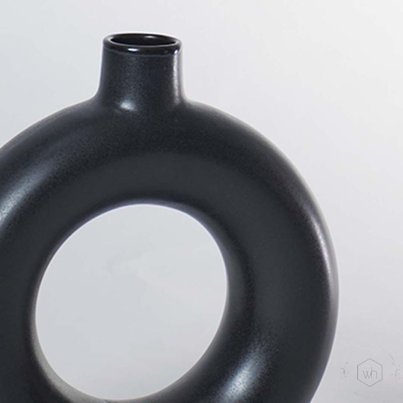 Donut Ceramic Flower Vase Matte Black Medium Closeup
