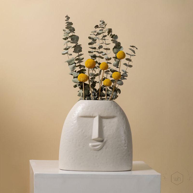 Bohemian Smiley Face White Ceramic Flower Vase Lifestyle 1