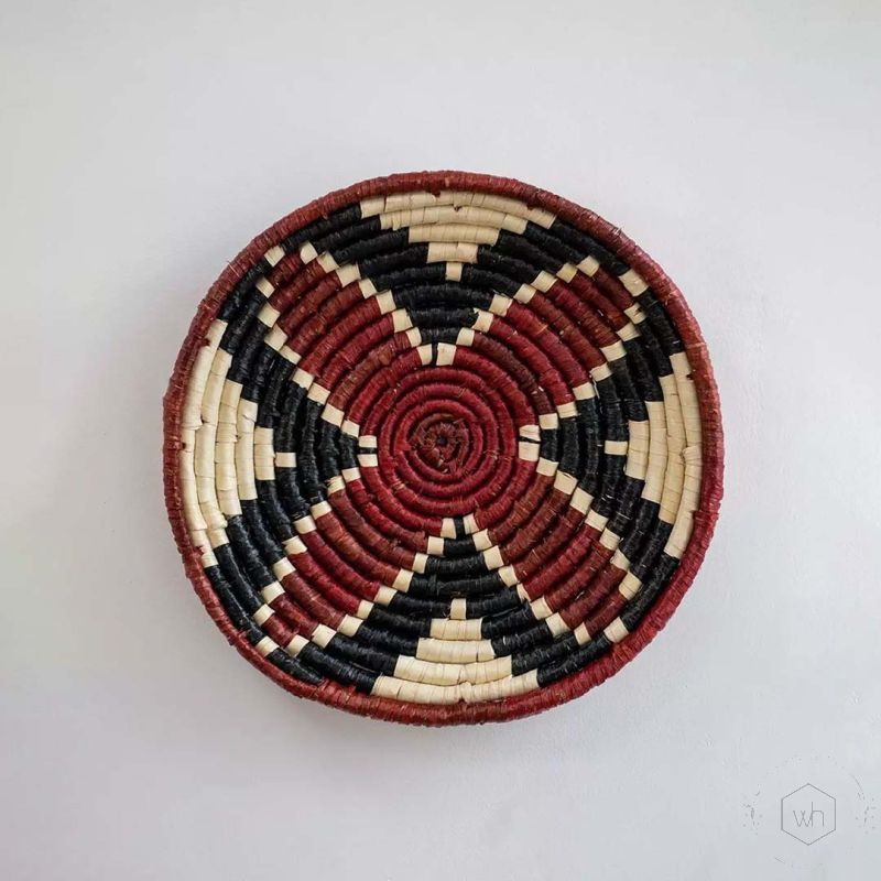Tribus Handwoven Sabai Grass Hanging Wall Basket Red White Background