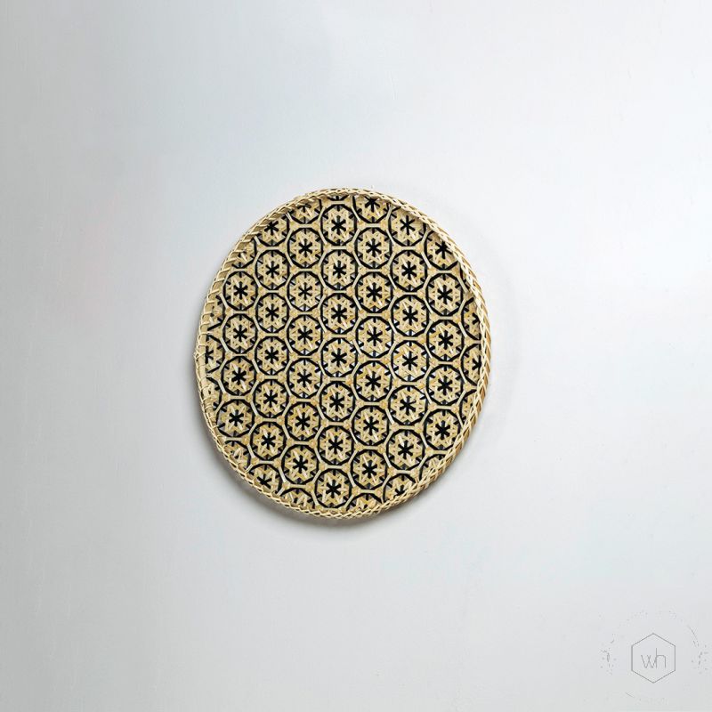 Bamboo Boho Tray Wall Basket Beige Black Back Side
