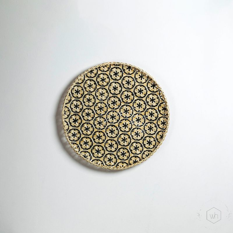 Bamboo Boho Tray Wall Basket Beige Black White Background