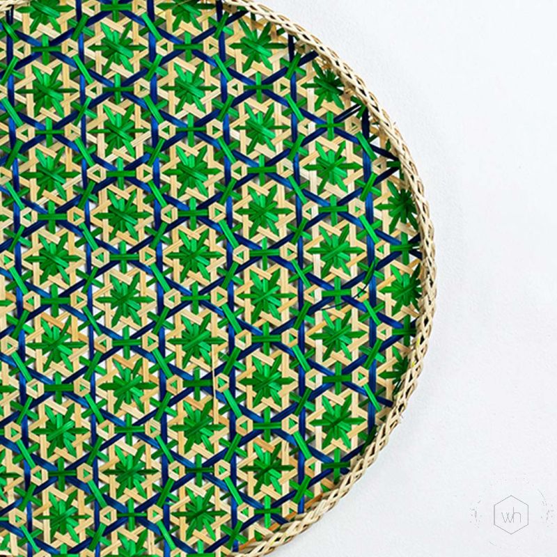 Bamboo Boho Tray Wall Basket Beige Green Closeup