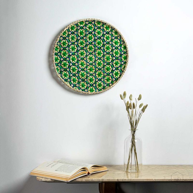 Bamboo Boho Tray Wall Basket Beige Green White Background