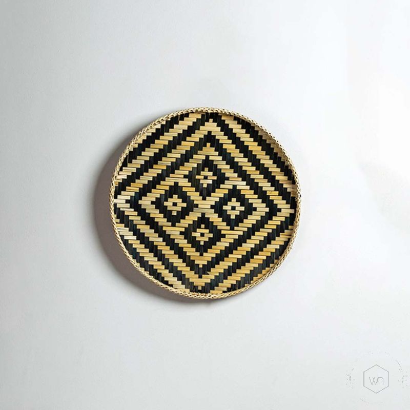Herringbone Bamboo Round Wall Basket Beige Blue White Background