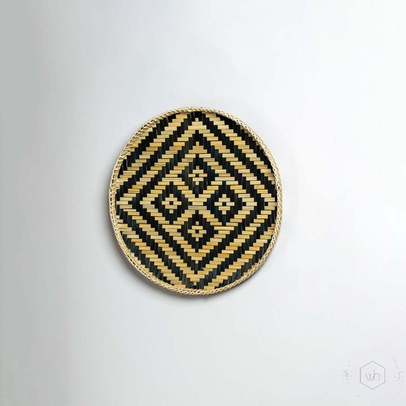 Herringbone Bamboo Round Wall Basket Beige Blue Lifestyle