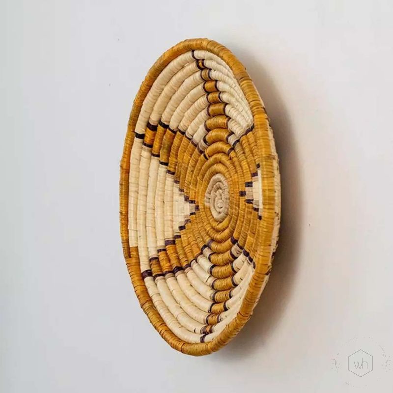 Youthful Flower Handwoven Sabai Grass Hanging Wall Basket Large Yellow Beige Back Side
