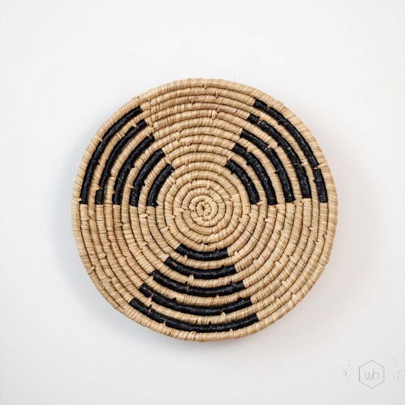 Hamito Style Handwoven Sabai Grass Hanging Wall Basket Black Brown White Background