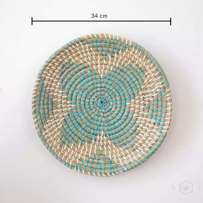Berrada Handwoven Sabai Grass Hanging Wall Basket Turquoise Dimensions