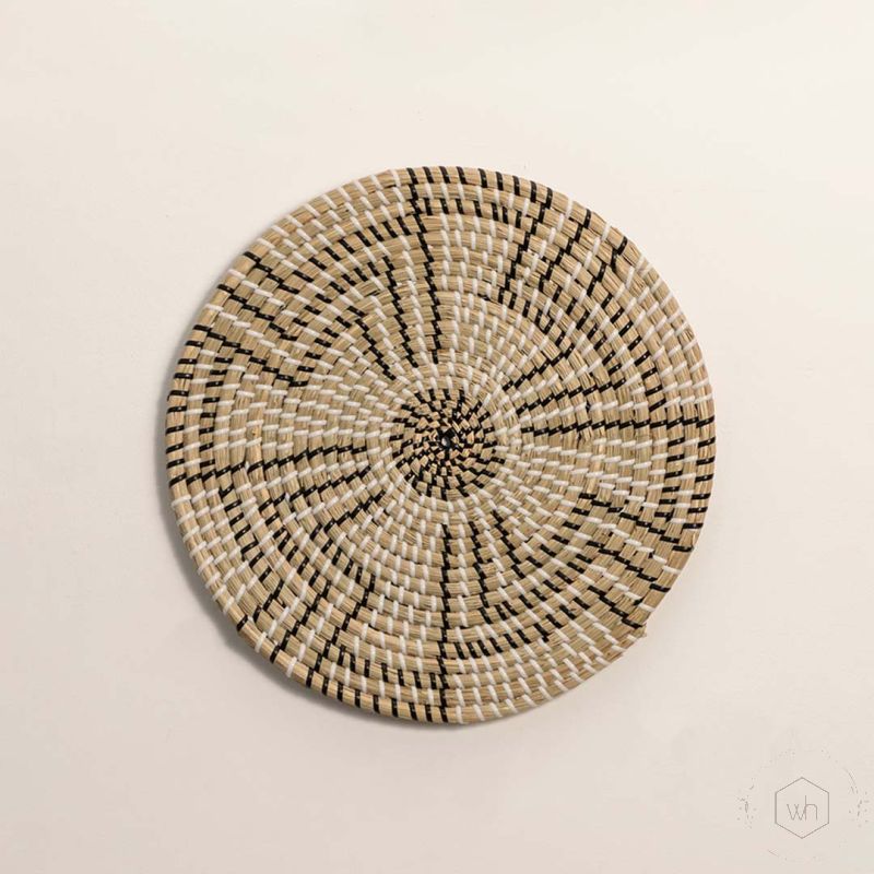 Abstract Black Beige Handwoven Wall Basket White Background