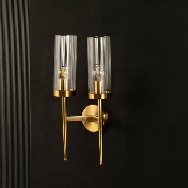 Dual Modern Cylindrical Glass Golden Lighting Fixture Light Off Black Background