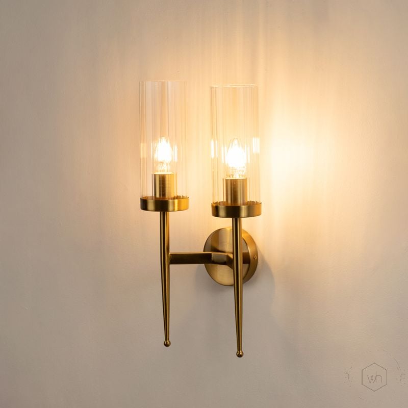 Dual Modern Cylindrical Glass Golden Lighting Fixture Light On White Background