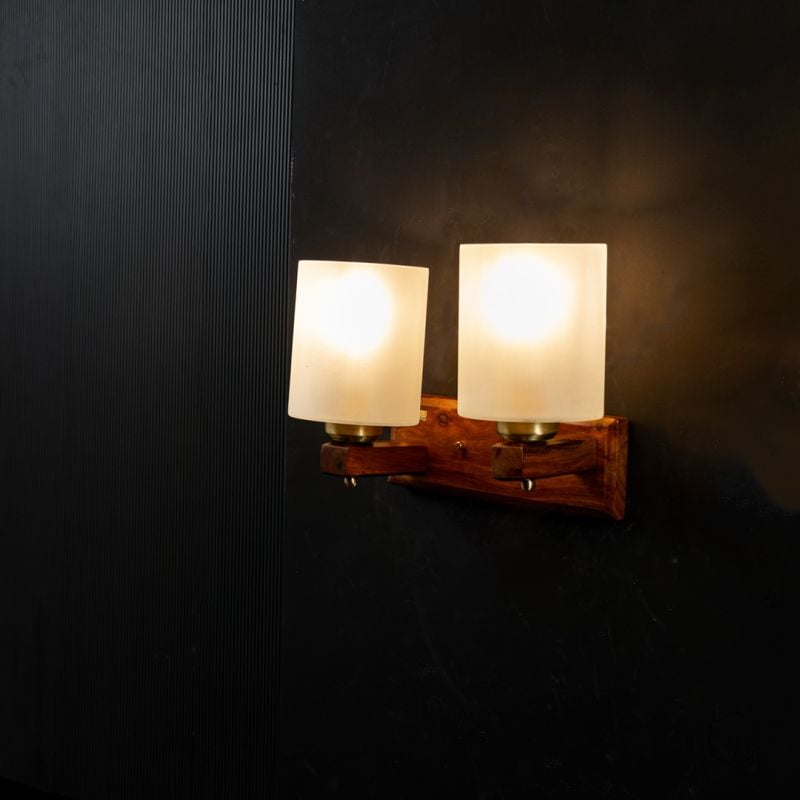 Polo Wooden Double Wall Lamp Sconce Light On Black Background