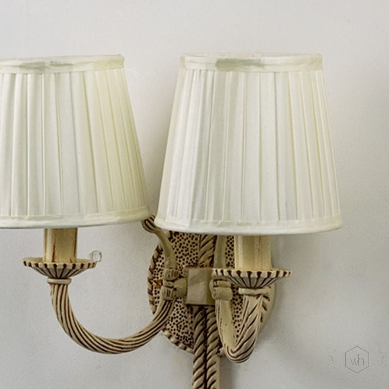 Antique 2 Light Wall Lamp with Pleated Fabric Shades Closeup