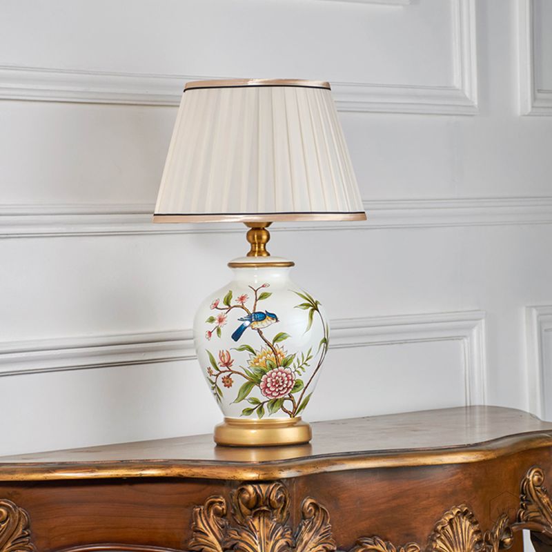 Baldwin White Ceramic Table Lamp with Off-White Shade Light Off White Background