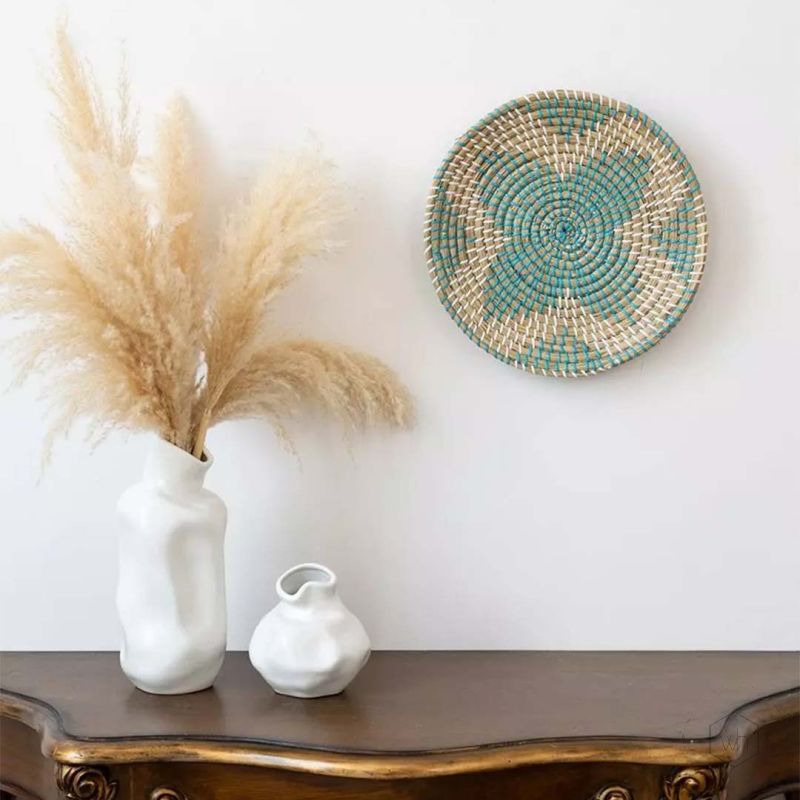Berrada Handwoven Sabai Grass Hanging Wall Basket - Turquoise Lifestyle