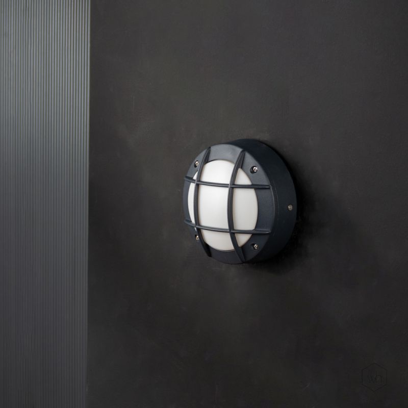 Aluminium Black Oudoor Bulkhead Wall Light - Round Checkered Light Off Black Background