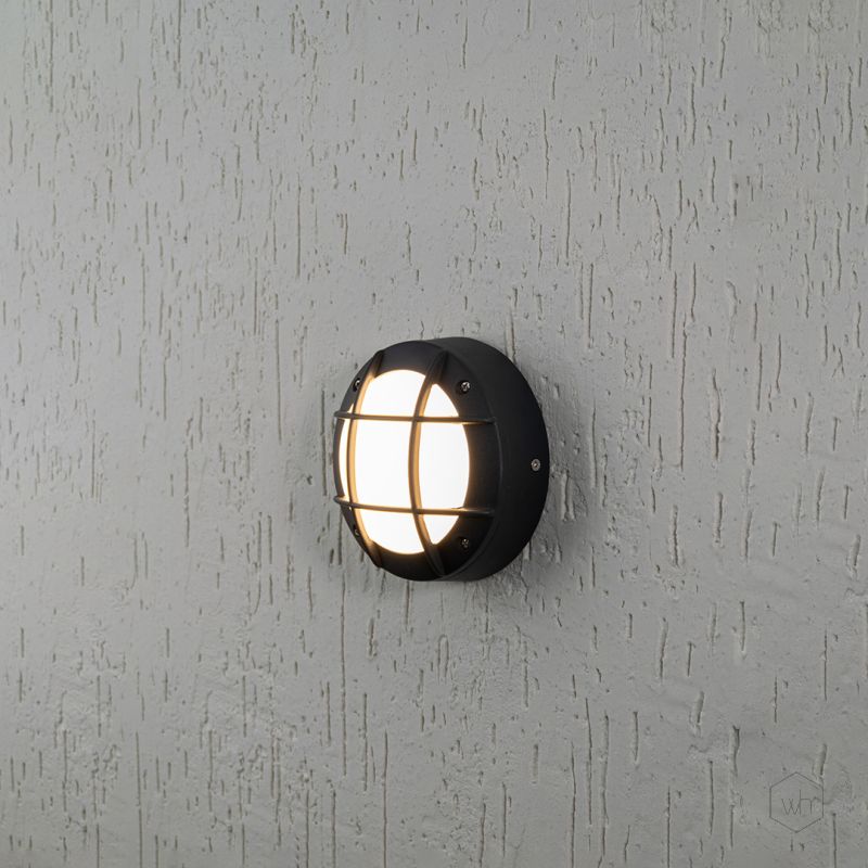 Aluminium Black Oudoor Bulkhead Wall Light - Round Checkered Light On White Background