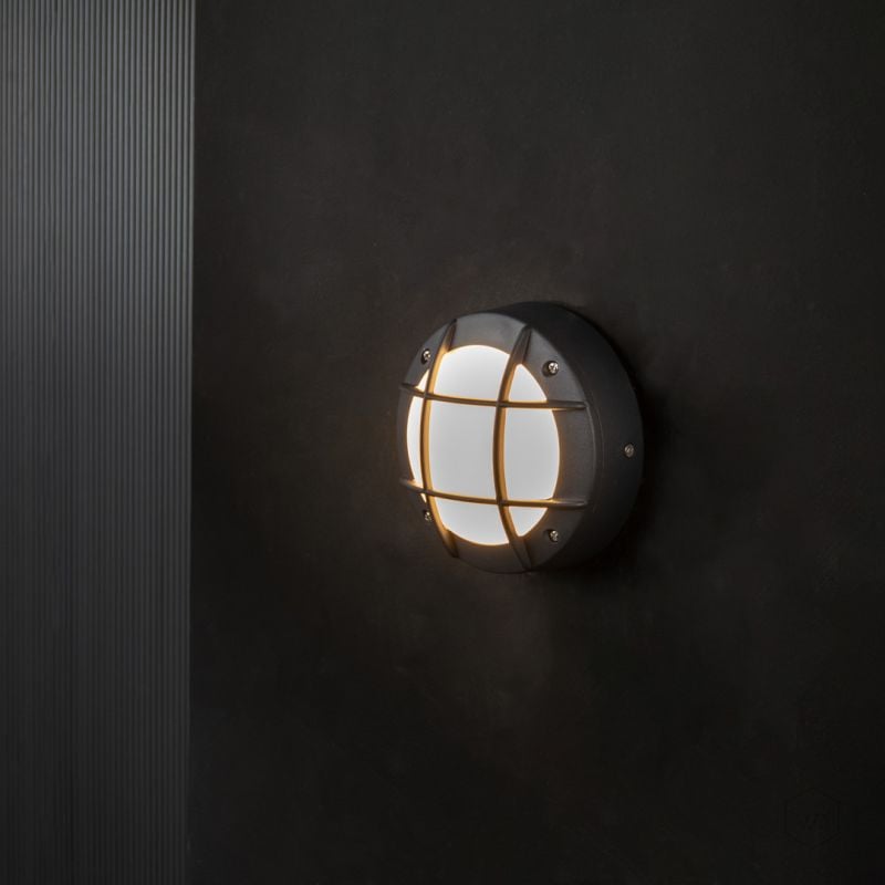 Aluminium Black Oudoor Bulkhead Wall Light - Round Checkered Light On Black Background