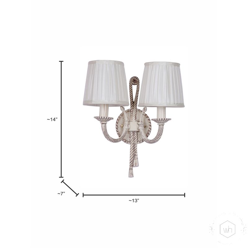 Antique 2 Light Wall Lamp with Pleated Fabric Shades Dimensions