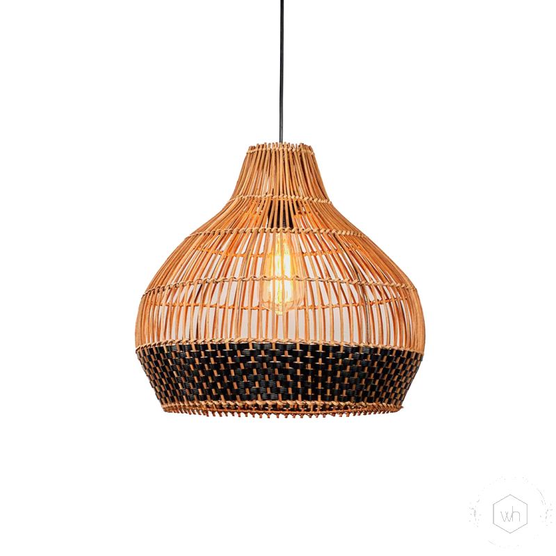 Cupola Rattan Hanging Lamp - Black & Beige Light On White Background