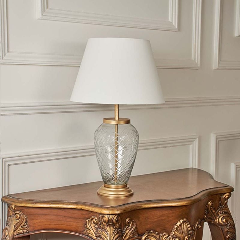 Diamond Cut Antique Brass Finish Glass Table Lamp with Off White Shade - Large Light Off White Background