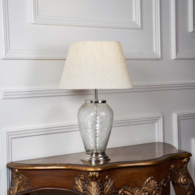 Diamond Cut Silver Finish Glass Table Lamp with Off White Shade - Large Light On White Background