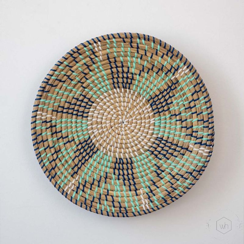 Diep Handwoven Sabai Grass Hanging Wall Basket - Blue & Green White Background