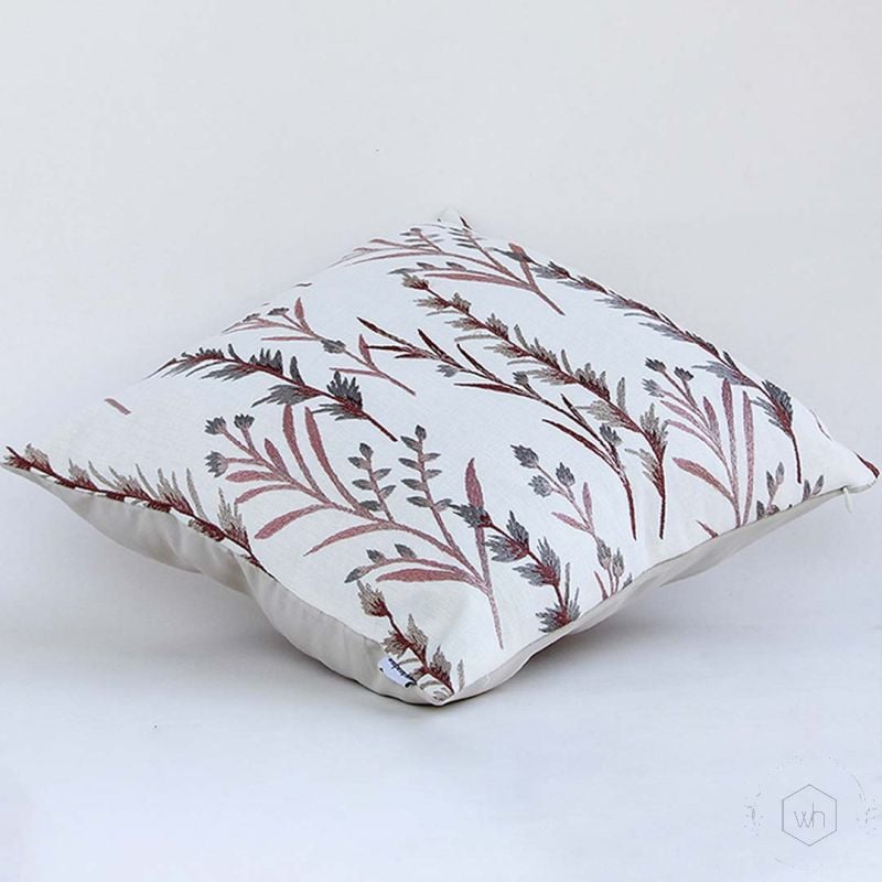 Fern Designer Copper Brown Embroidered Cushion Cover White Background-1