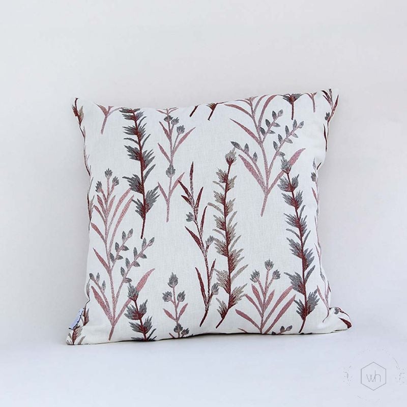 Fern Designer Copper Brown Embroidered Cushion Cover White Background