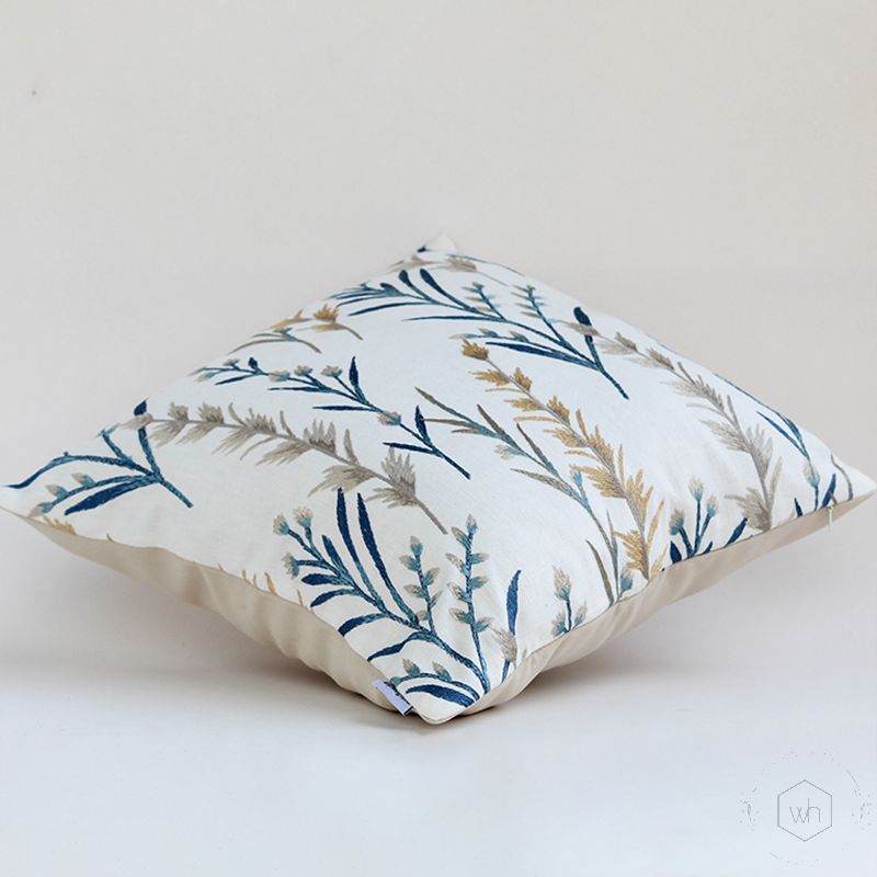 Fern Designer Multicolored Embroidered Cotton Cushion Cover White Background-1