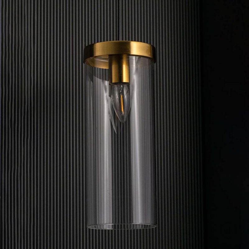 Glass Drum Shade Hanging Pendant Lamp Light Off Black Background