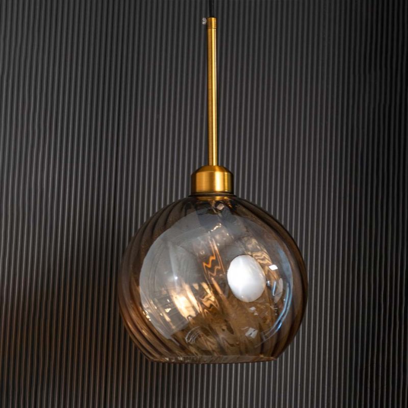Glimmer Glow Gold Glass Hanging Pendant Lamp - Round Shade Light Off Black Background