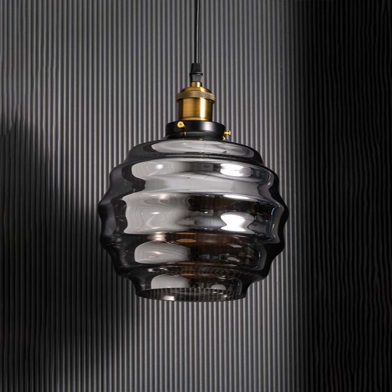Grey Ribbed Glass Pendant Lamp Light Off Black Background