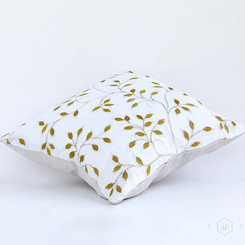 Leaf Designer Titanium Embroidered Cushion Cover White Background-1