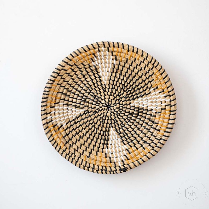 Mace Handwoven Sabai Grass Hanging Wall Basket - Yellow & Black White Background