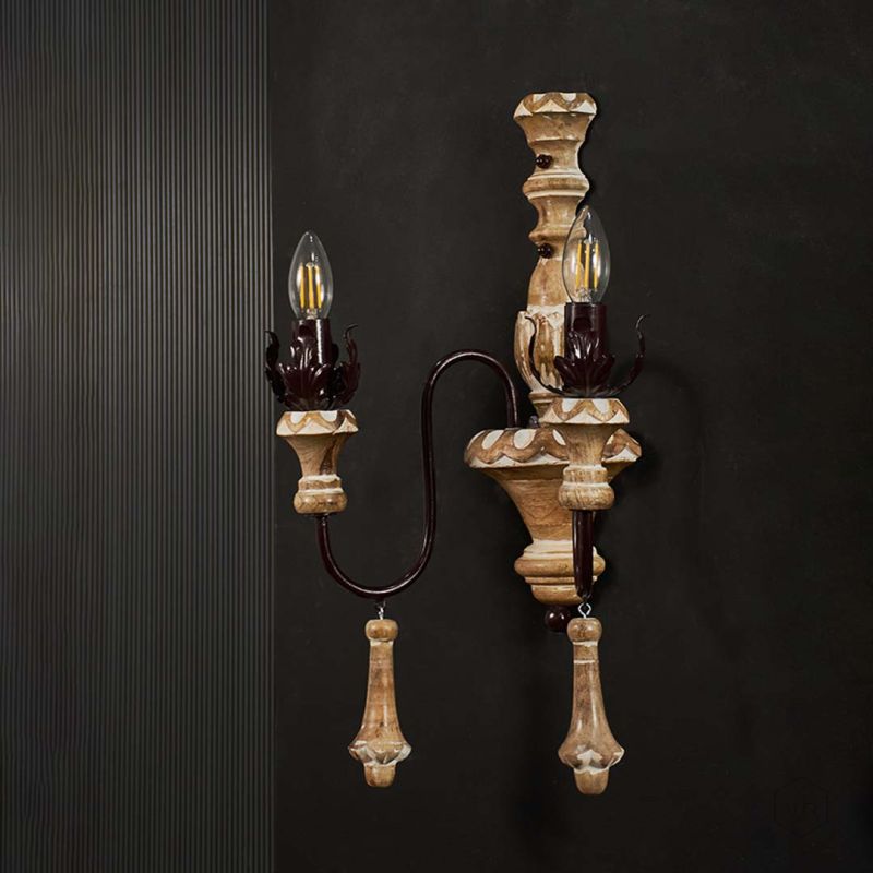 Mathis Province Style Wood-Iron Twin Light Wall Sconce In Grey Light Off Black Background