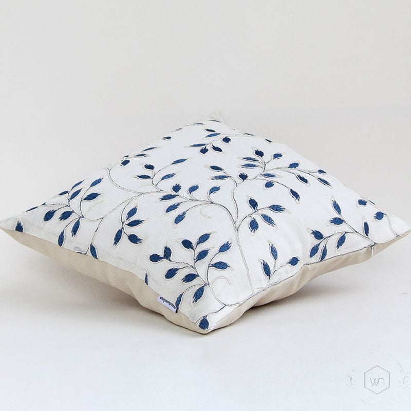 Pecan Designer Blue Embroidered Cushion Cover White Background-1
